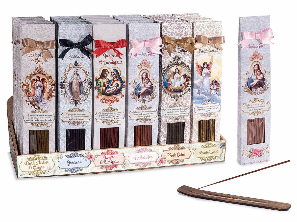Stick incenso con portaincenso in legno con fiocchetto e stampa religiosa /, set da 36 pezzi, Stick: cm 25,5 H