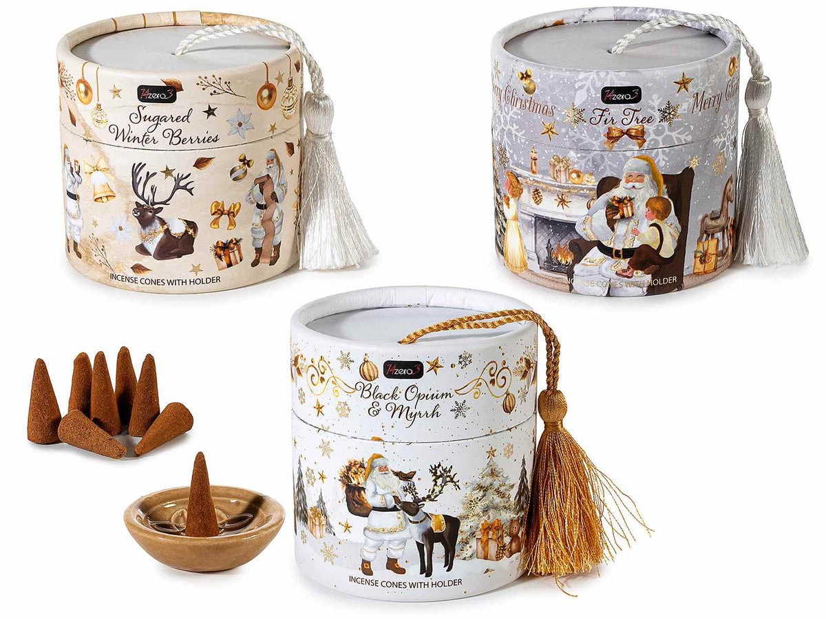 30 coni di incenso con portacono in ceramica in confezione regalo natalizia, set da 6 pezzi, Cono: Ø 1,2 cm x 2,8 H