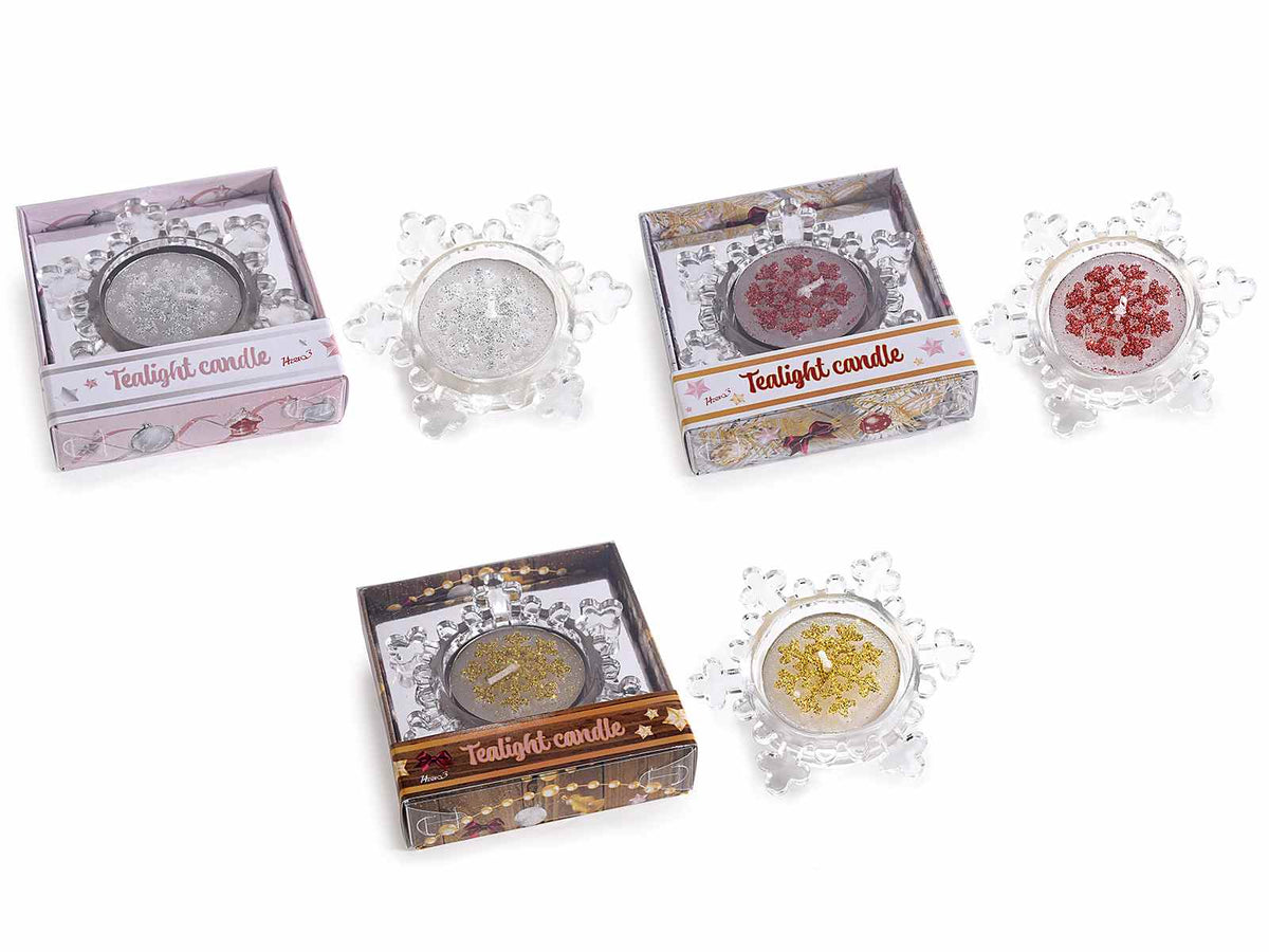 Porta tealight di natale in vetro a fiocco di neve con tealigth decorata, set da 18 pezzi, cm 7 x 8 x 2 H