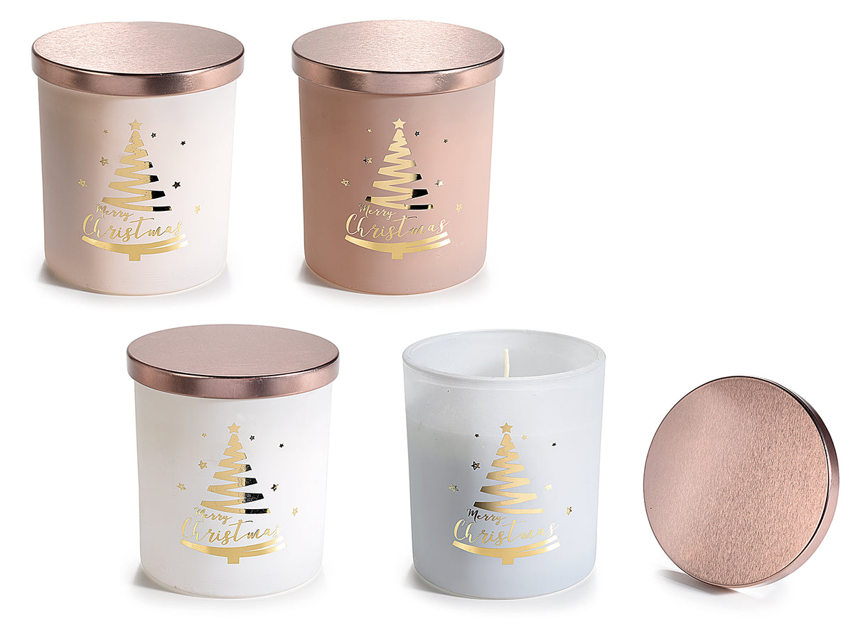 Candele profumate in barattolo di vetro satinato con coperchio e decori dorati, set da 4 pezzi, Ø 9,5 cm x 10,5 H