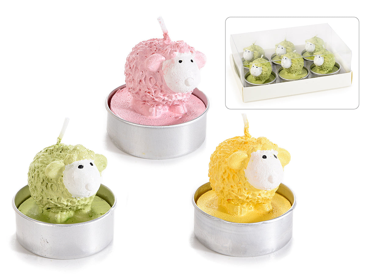 Tealight / candele a forma di pecorella pasquale in scatola trasparente da 6, set da 6 pezzi, Ø 4 cm x 4 H