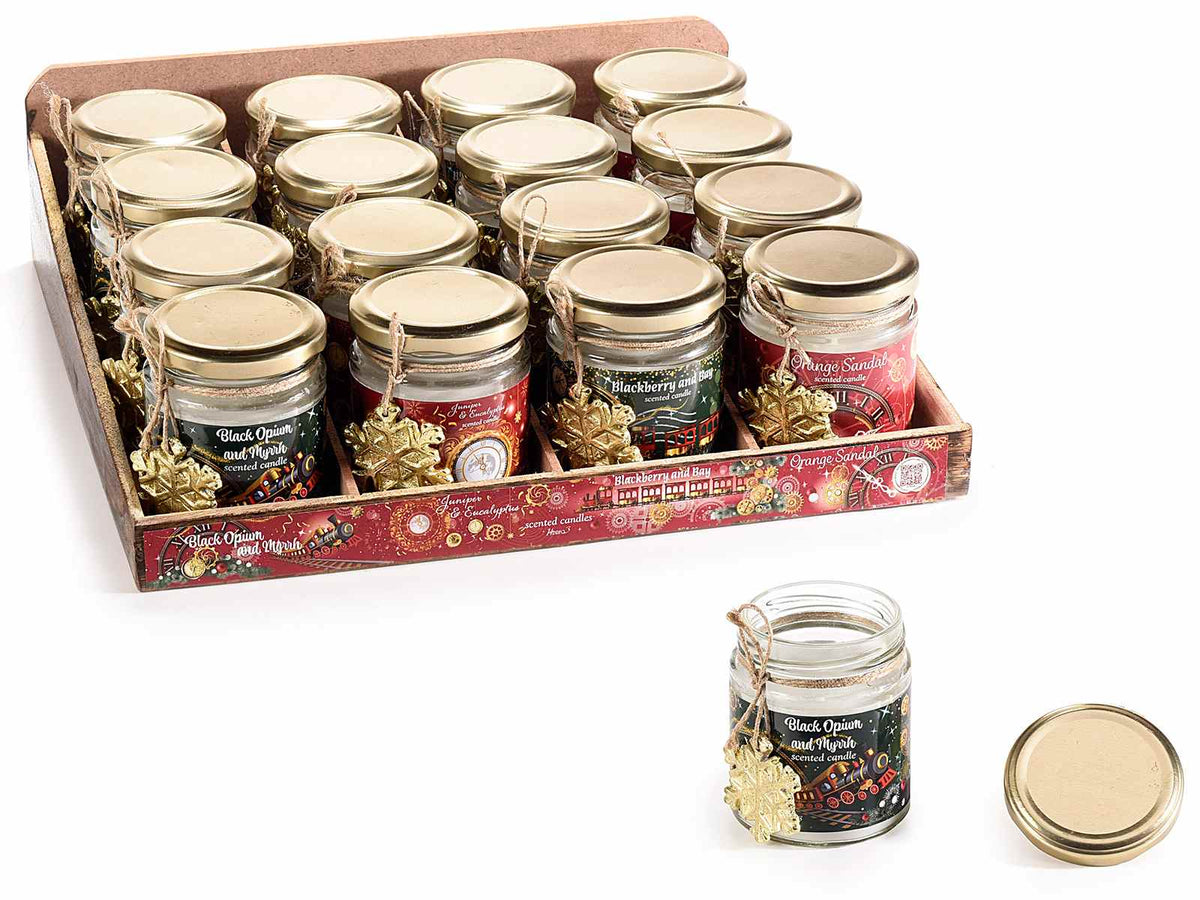 Candele di Natale profumate in vetro con fiocco dorato in espositore, set da 16 pezzi, Candela: Ø 6,5 cm x 8 H
