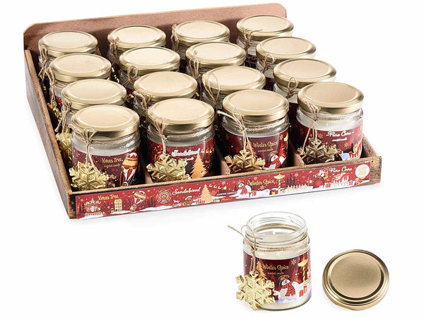 Set di 16 candele profumate natalizie in barattolo di vetro con pendaglio in metallo a fiocco di neve, in espositore da 16 pezzi, Candela: Ø 6,5 cm x 8 H