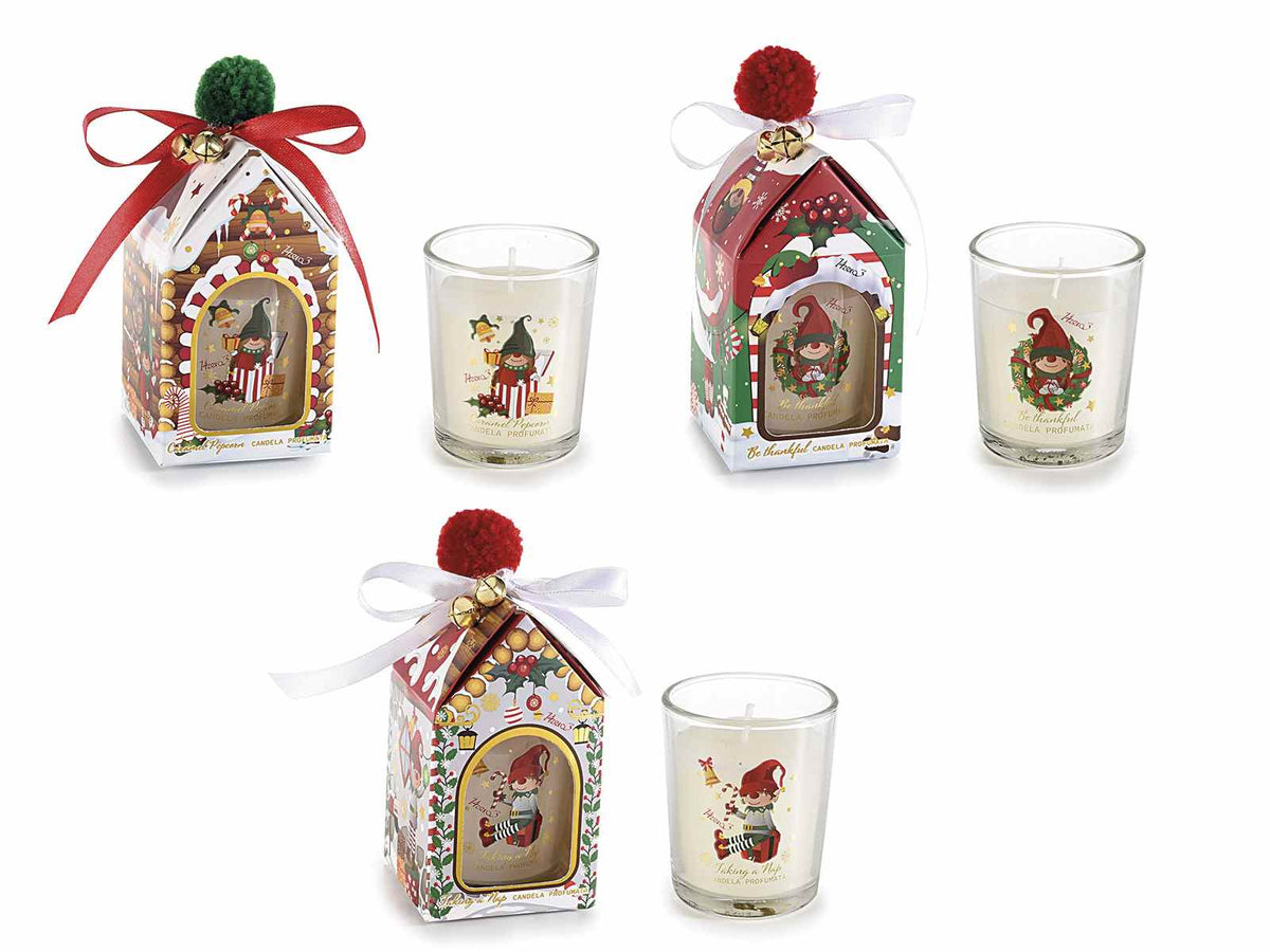 Candele profumate di Natale in bicchiere di vetro decorato con elfi di Natale, set da 8 pezzi, Candela: Ø 5,5 cm x 6,5 H
