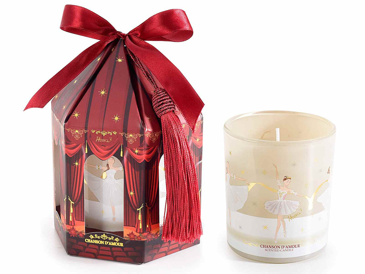 Set di 4 candele di Natale profumate in vasetto di vetro decorato con balletto di Natale in confezione regalo teatro con fiocco e nappina, Candela: Ø 7 cm x 8 H