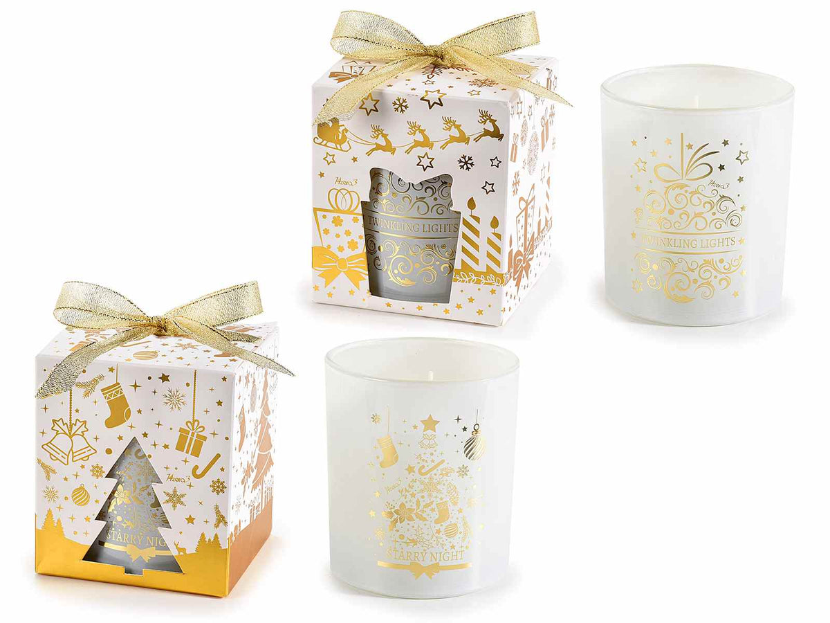Candele natalizie profumate in vasetto di vetro con decori dorati, set da 4 pezzi, Candela: Ø 9 cm x 10 H