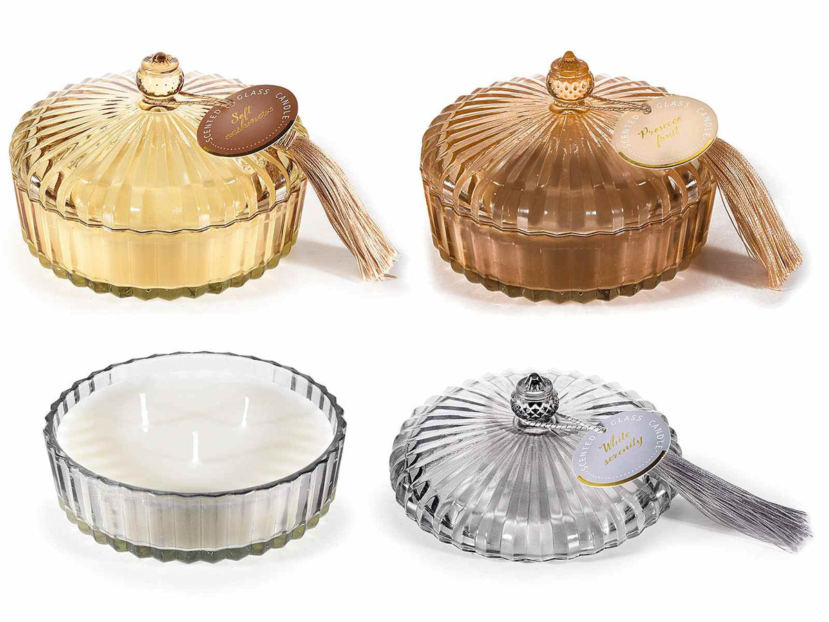 Candele profumate a tripla fiamma in barattolo di vetro lavorato con coperchio, set da 3 pezzi, Ø 13 cm x 8,5 H