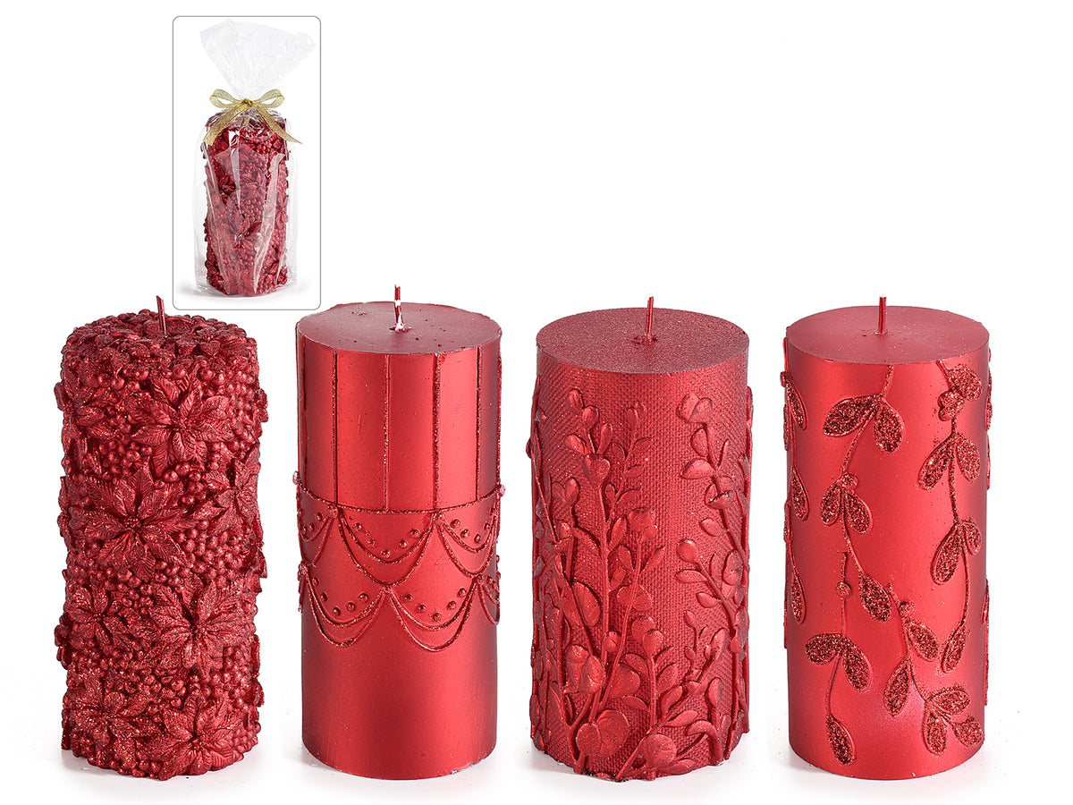 Candele rosse grandi con decori in rilievo in confezione singola, set da 4 pezzi, Ø 7 cm x 15 H