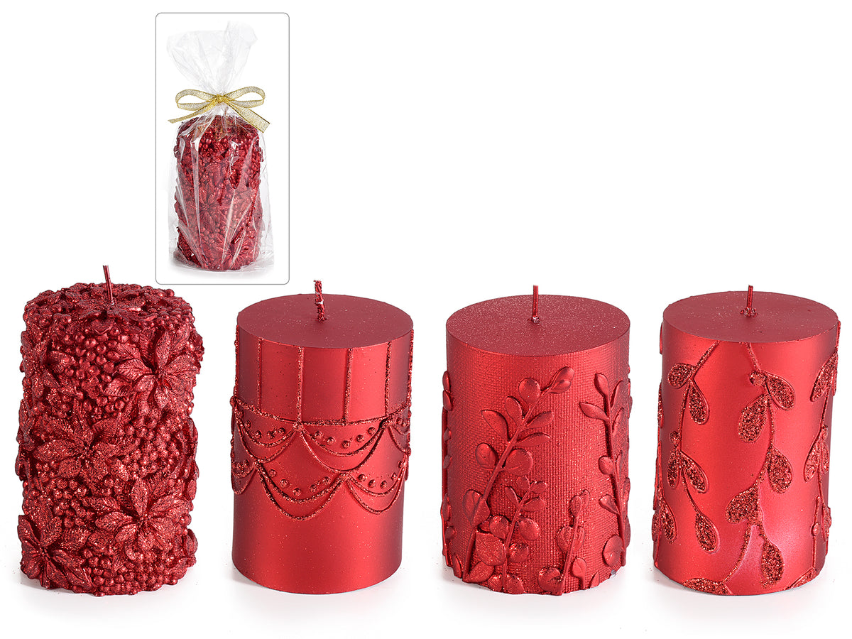 Candele rosse medie con decori in rilievo in confezione singola, set da 4 pezzi, Ø 7 cm x 11 H