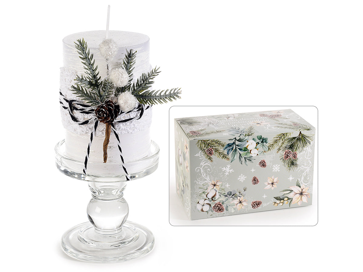 Candele di Natale con portacandela in vetro trasparente e rametti di pino, set da 4 pezzi, Candela: Ø 7 x 10 H