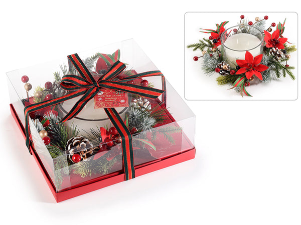 Candele natalizie in vasetto di vetro con doppia fiamma e ghirlanda di pigne, set da 2 pezzi, Ø 25 cm x 8 H