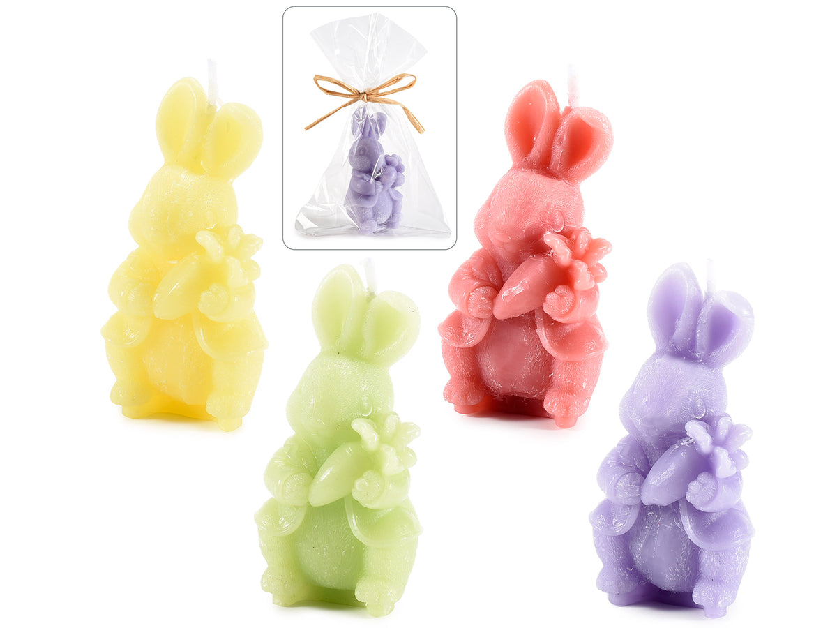 Candele pasquali a coniglietto con carota in cera colorata in confezione, set da 8 pezzi, cm 3,5 x 3,5 x 7 H