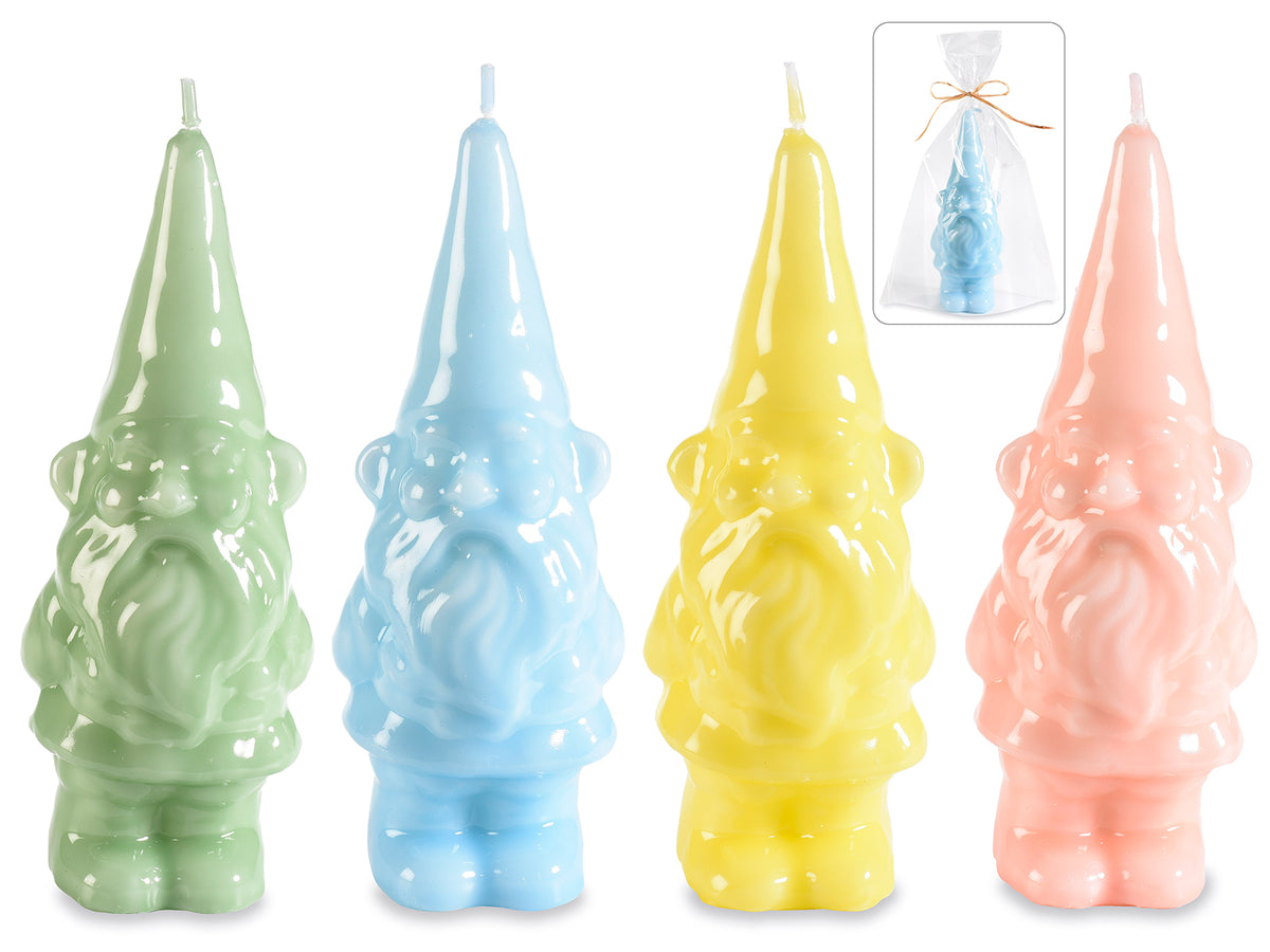 Candele lucide a forma di gnomo colorato in confezione singola trasparente, set da 4 pezzi, cm 6,5 x 5,5 x 17,5 H