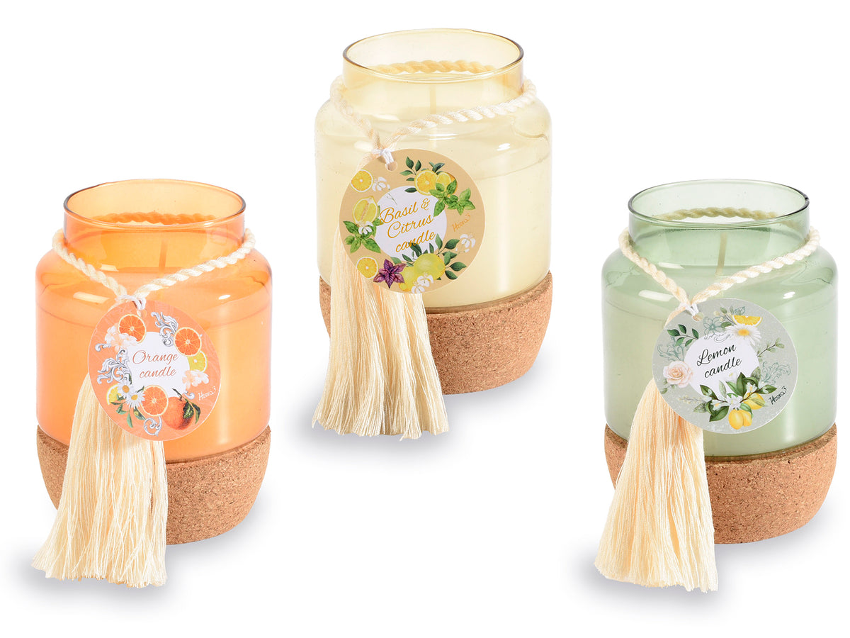 Candele profumate in barattolo di vetro con base sughero e nappina, set da 6 pezzi, Ø 6,5 cm x 9,5 H