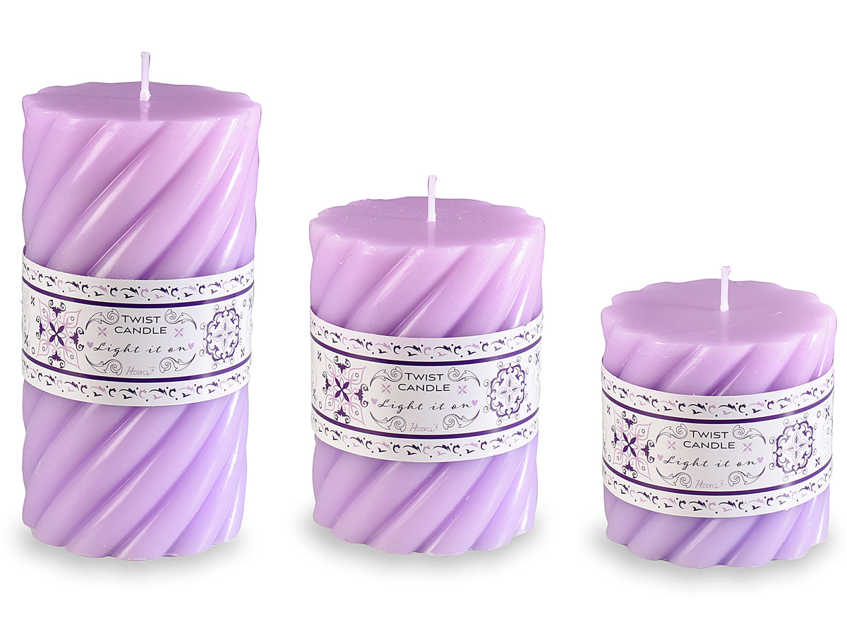 Candele cilindriche torchon di colore lilla, set da 2 pezzi, Grande: Ø 7 cm x 13,5 H