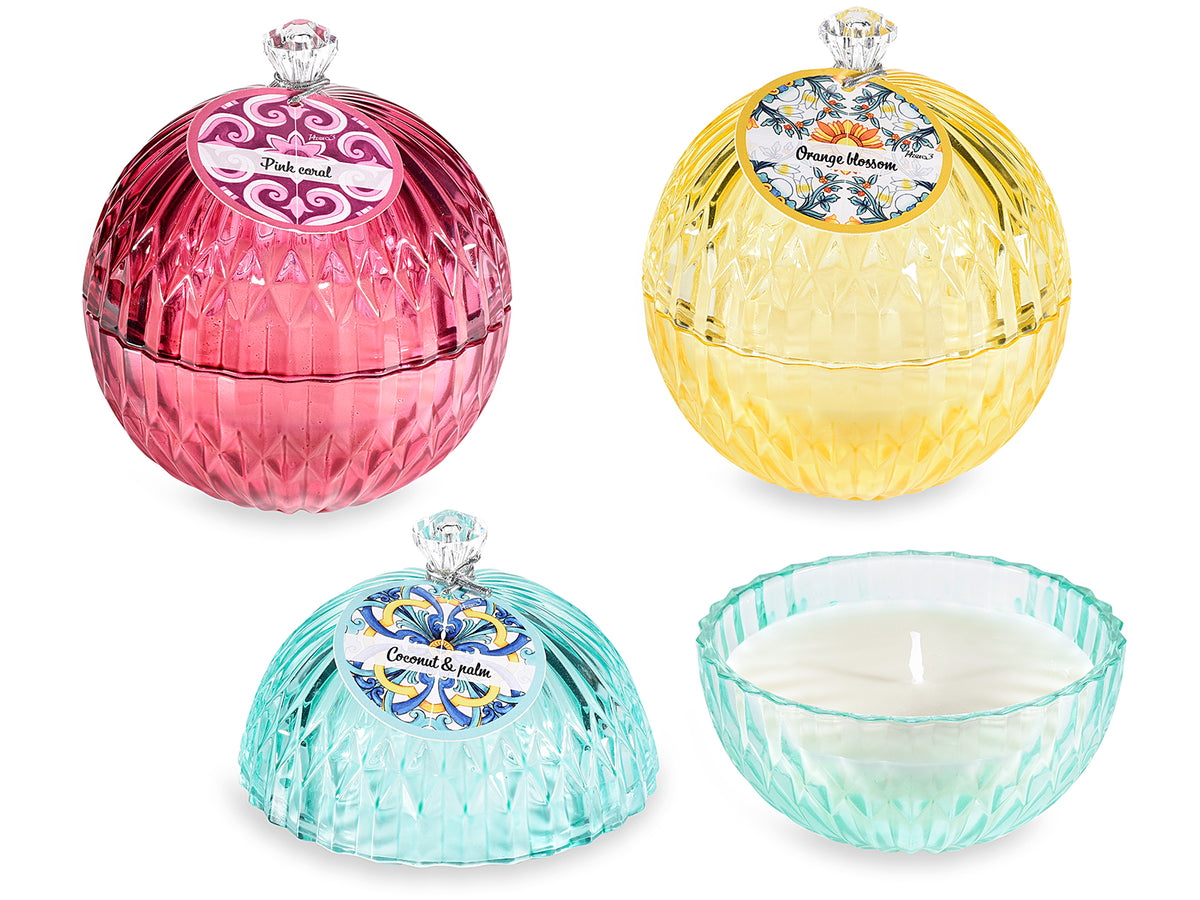 Candele profumate in sfera di vetro colorato e lavorato con coperchio, set da 3 pezzi, Ø 11 cm x 12,5 H