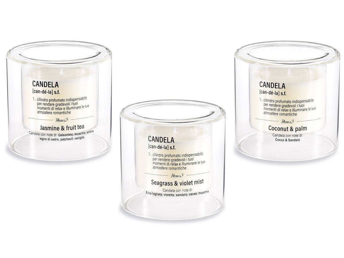 Candele profumate in vasetto di vetro doppio fondo con scritte, set da 3 pezzi, Ø 8 cm x 7,5 H