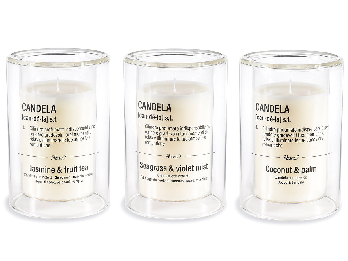 Candele profumate in vasetto di vetro con doppio fondo con scritte, set da 3 pezzi, Ø 8 cm x 12 H