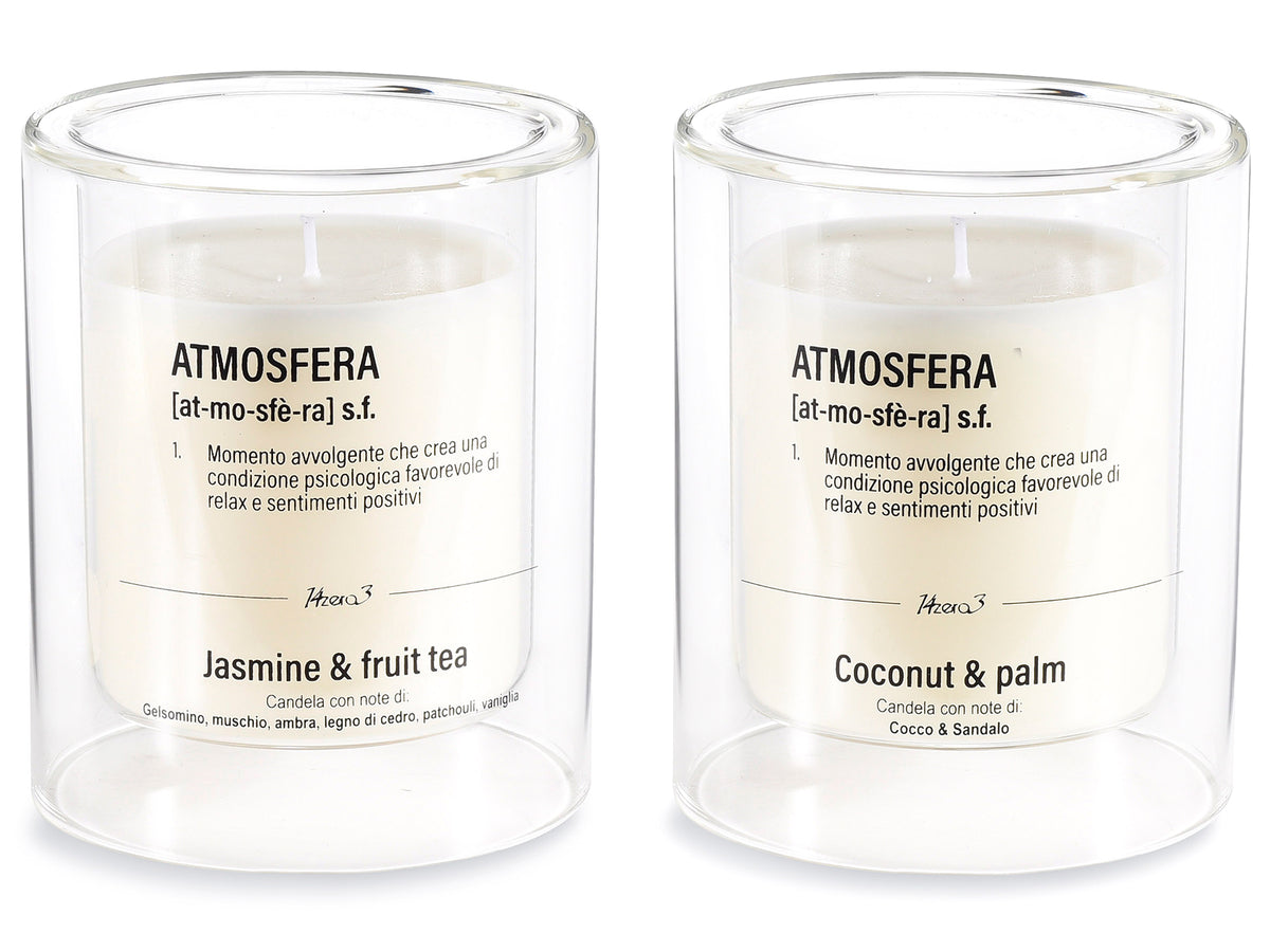 Candele profumate in vasetto di vetro con doppio fondo e scritte, set da 2 pezzi, Ø 10 cm x 12 H
