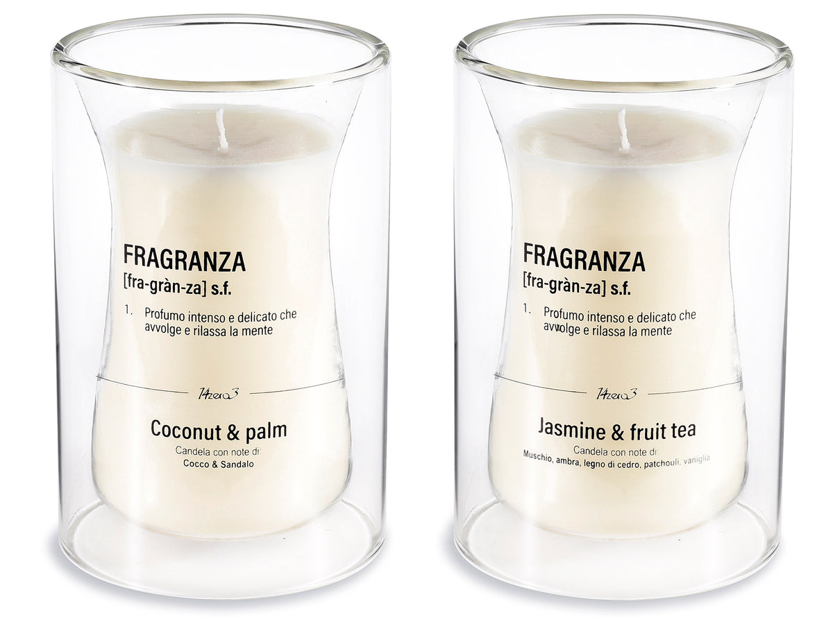 Candele profumate in vasetto di vetro doppio fondo e scritte, set da 2 pezzi, Ø 10 cm x 15 H