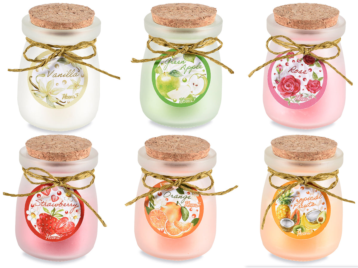 Candele profumate frutti in vasetto di vetro satinato con tappo di sughero, set da 18 pezzi, Ø 5,5 cm x 7,5 H