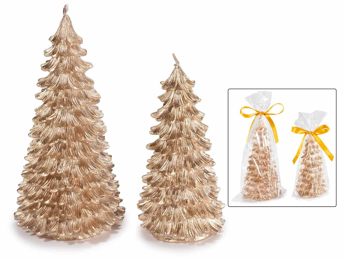 Candele a forma di albero di Natale dorate con glitter in confezione singola, set da 2 pezzi, Grande: Ø 9 cm x 17,5 H