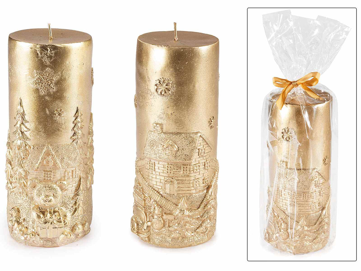 Candele di Natale dorate grandi decorate con paesaggio di Natale in rilievo, set da 4 pezzi, Ø 6,5 cm x 17 H