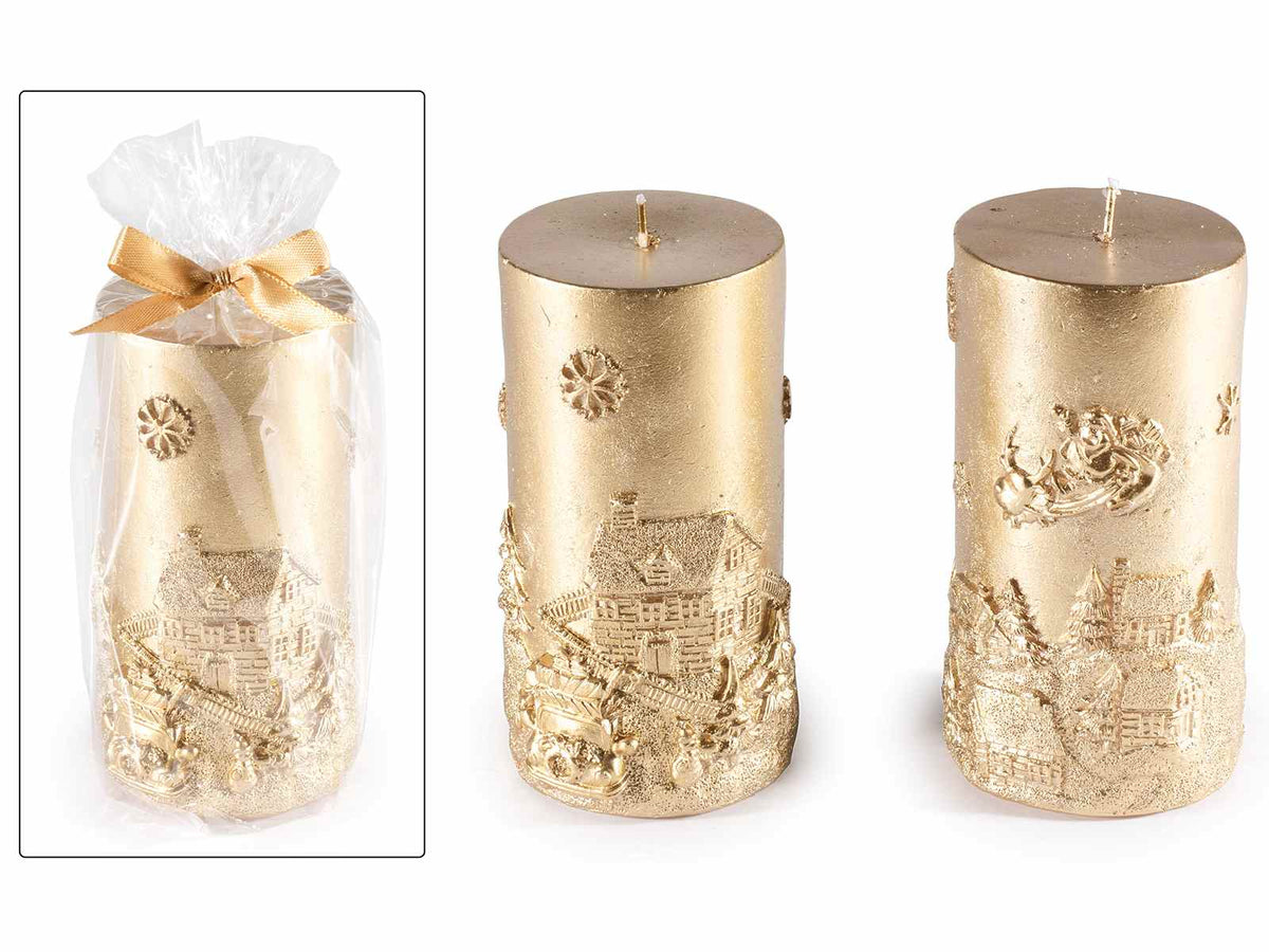 Candele dorate medie di Natale decorate con paesaggio in rilievo in confezione, set da 6 pezzi, Ø 6 cm x 12 H