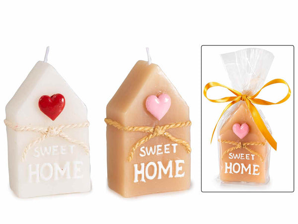 Candele a casetta con dettagli e cuoricini colorati in rilievo in confezione, set da 12 pezzi, cm 5 x 3 x 8,5 H
