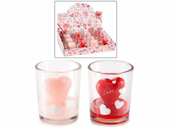 Candele a cuore con scritta Love you in vasetto di vetro in espositore da 12, set da 12 pezzi, Ø 5,5 cm x 6,5 H