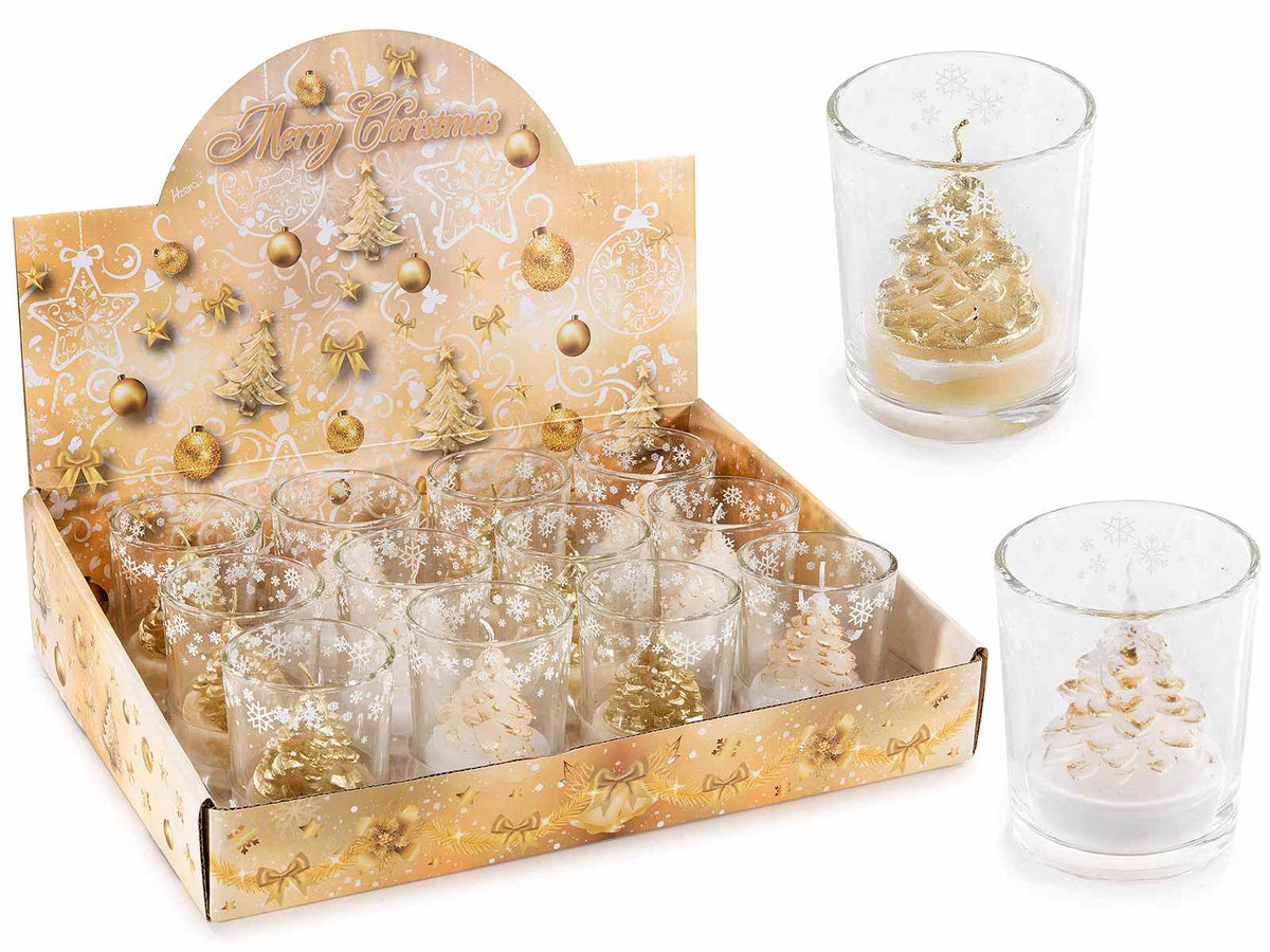 Candele a forma di albero di Natale in vasetto di vetro decorato con fiocchi, set da 12 pezzi, Ø 5,5 cm x 6,5 H
