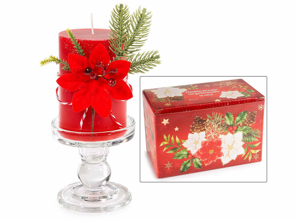 Candele natalizie rosse decorate con fiore di stella di Natale, bacche e rami, set da 4 pezzi, Candela: Ø 7 x 10 H