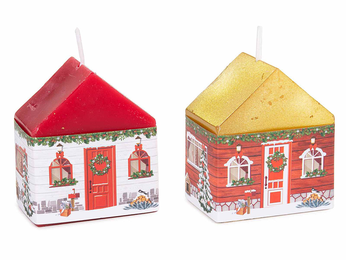 Candele natalizie a forma di casetta con tetto colorato in rosso o oro, set da 12 pezzi, cm 5,5 x 4 x 6,5 H