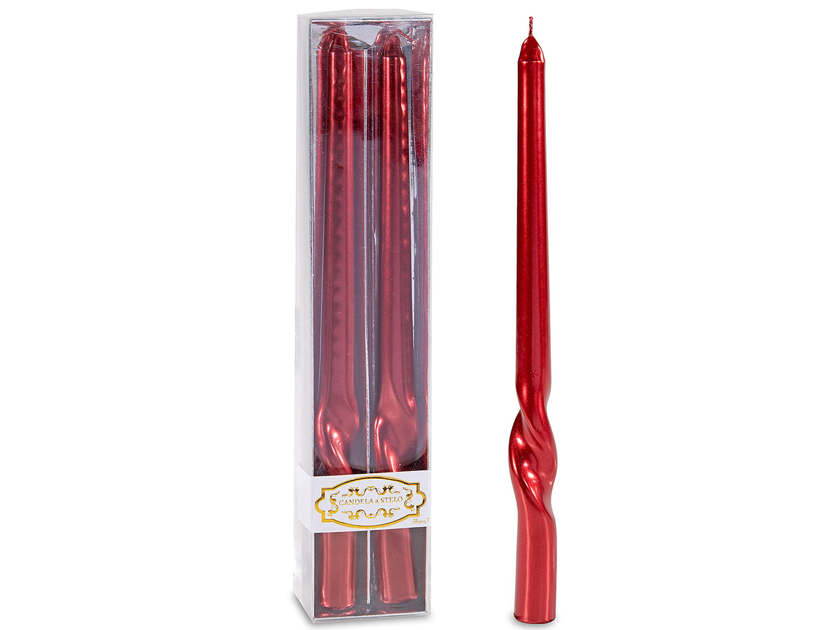 Candele a stelo torchon color rosso metallizzato in scatola da due pezzi, set da 8 pezzi, Ø 2,2 cm x 30 H