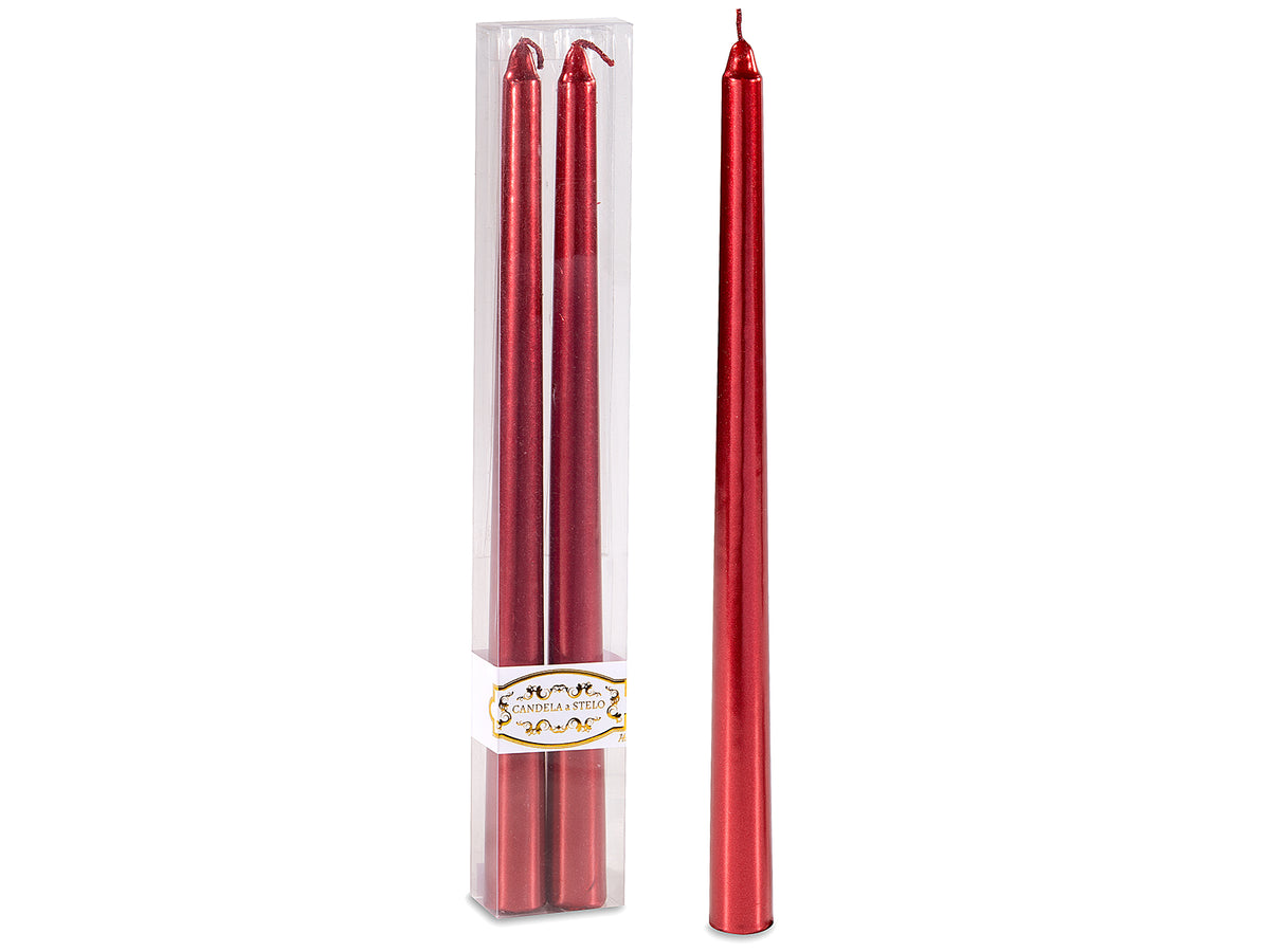 Candele stelo color rosso metallizzato in scatola da due pezzi, set da 10 pezzi, Ø 2,3 cm x 30 H