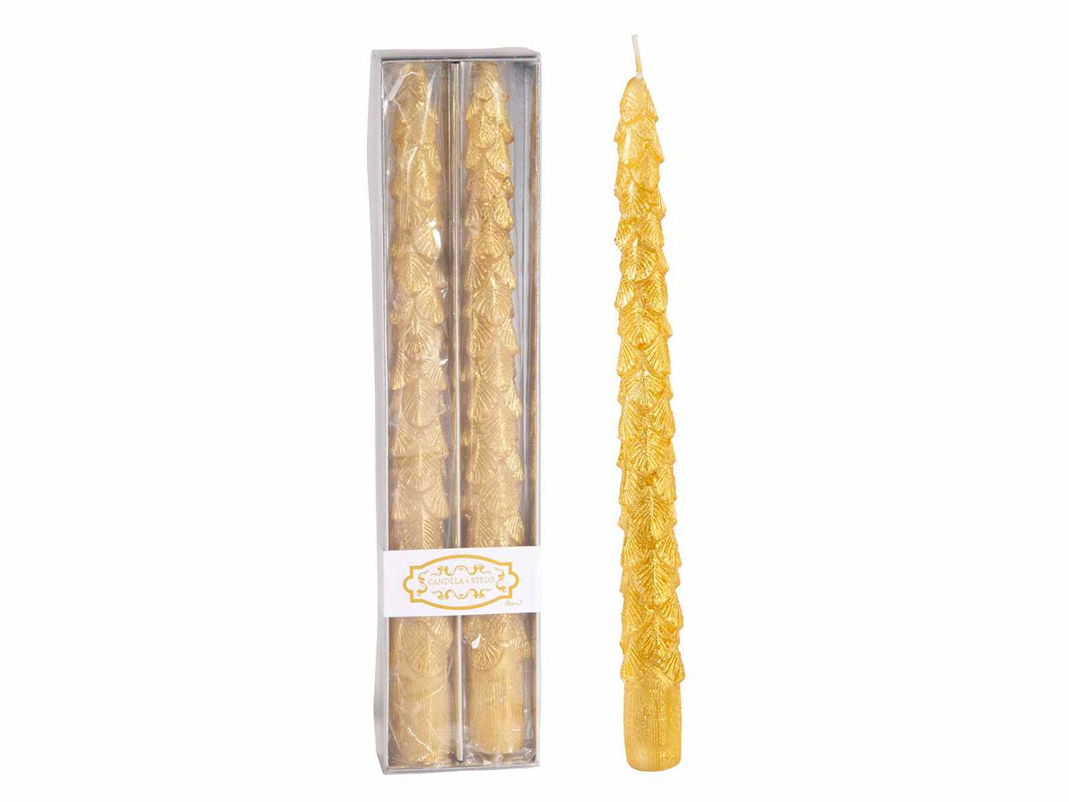 Candela stelo oro metallizzato con decori a foglie in rilievo in scatola da due, set da 8 pezzi, Ø 2 cm x 25,5 H