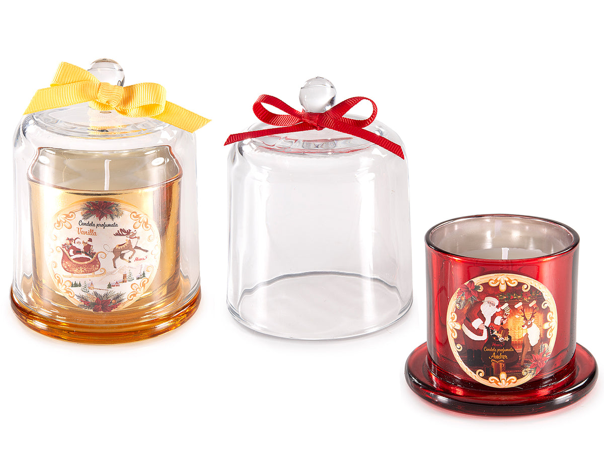 Candele di Natale profumate in campana di vetro con decoro natalizio, set da 4 pezzi, Ø 8,5 cm x 11 H