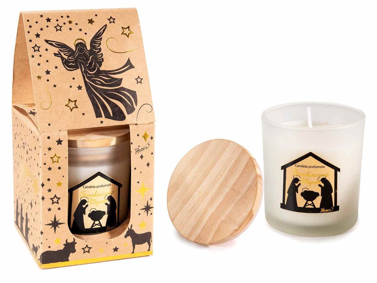 Candele di Natale profumate in vasetto di vetro con tappo di legno in confezione regalo con finestrella decori Presepe / Sacra Famiglia, set da 4 pezz