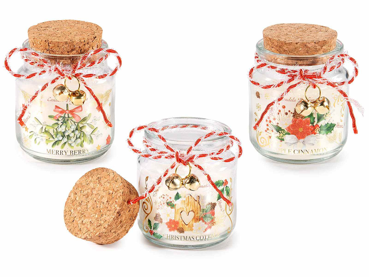 Candele profumate di Natale in barattolo di vetro decorato con tappo, set da 6 pezzi, Ø 6 cm x 7,5 H