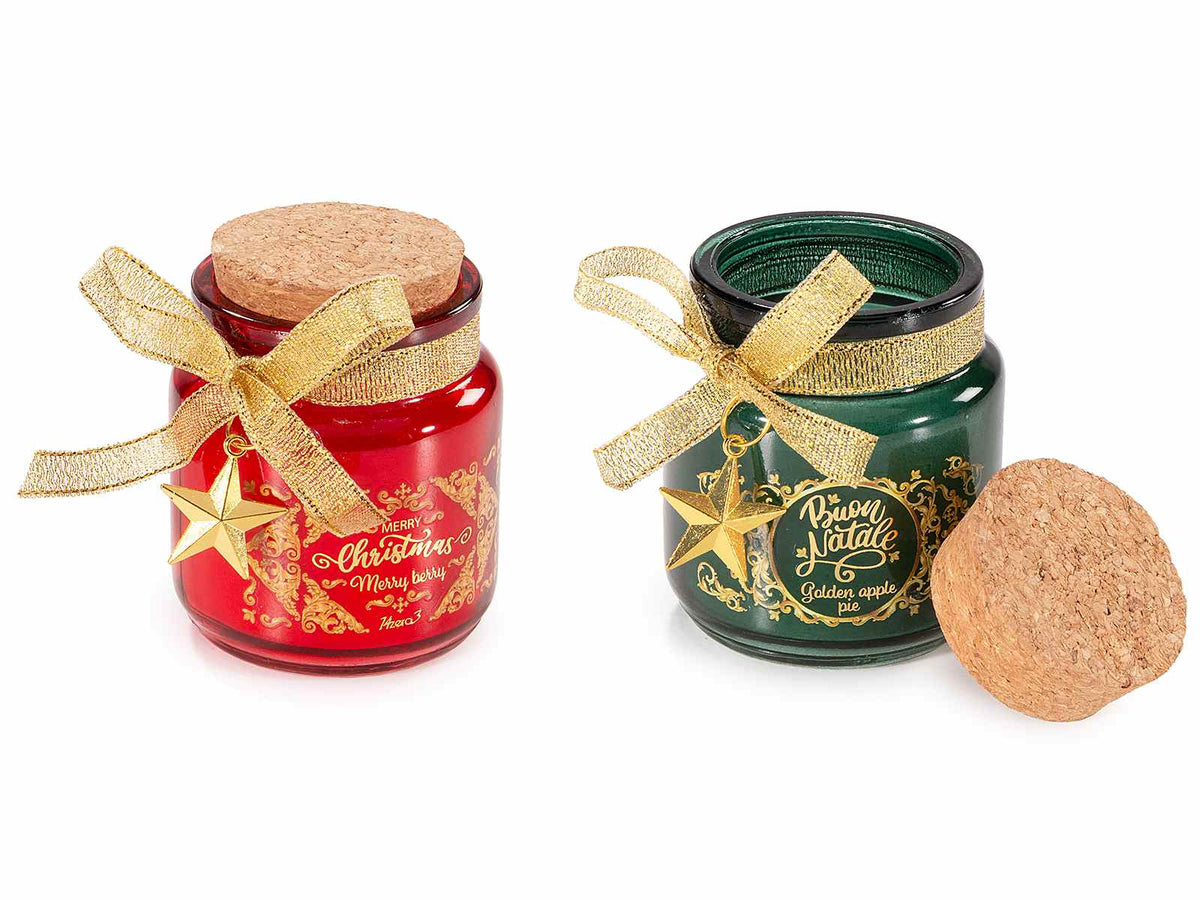 Candele natalizie profumate in barattolo di vetro con decori dorati, tappo, set da 8 pezzi, Ø 6 cm x 7,5 H