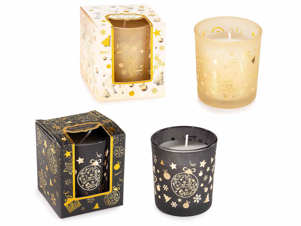 Candele di Natale profumate in bicchiere in vetro con decori in simil oro, set da 4 pezzi, Candela: Ø 7 x 8 H