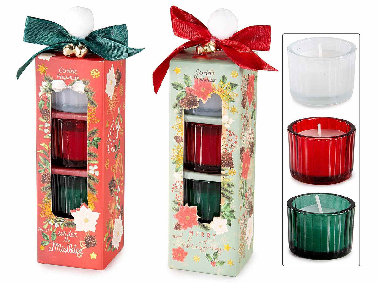Candele profumate in vasetto di vetro lavorato in confezione regalo natalizia, set da 4 pezzi, Candela: cm Ø 5,5 x 4 H