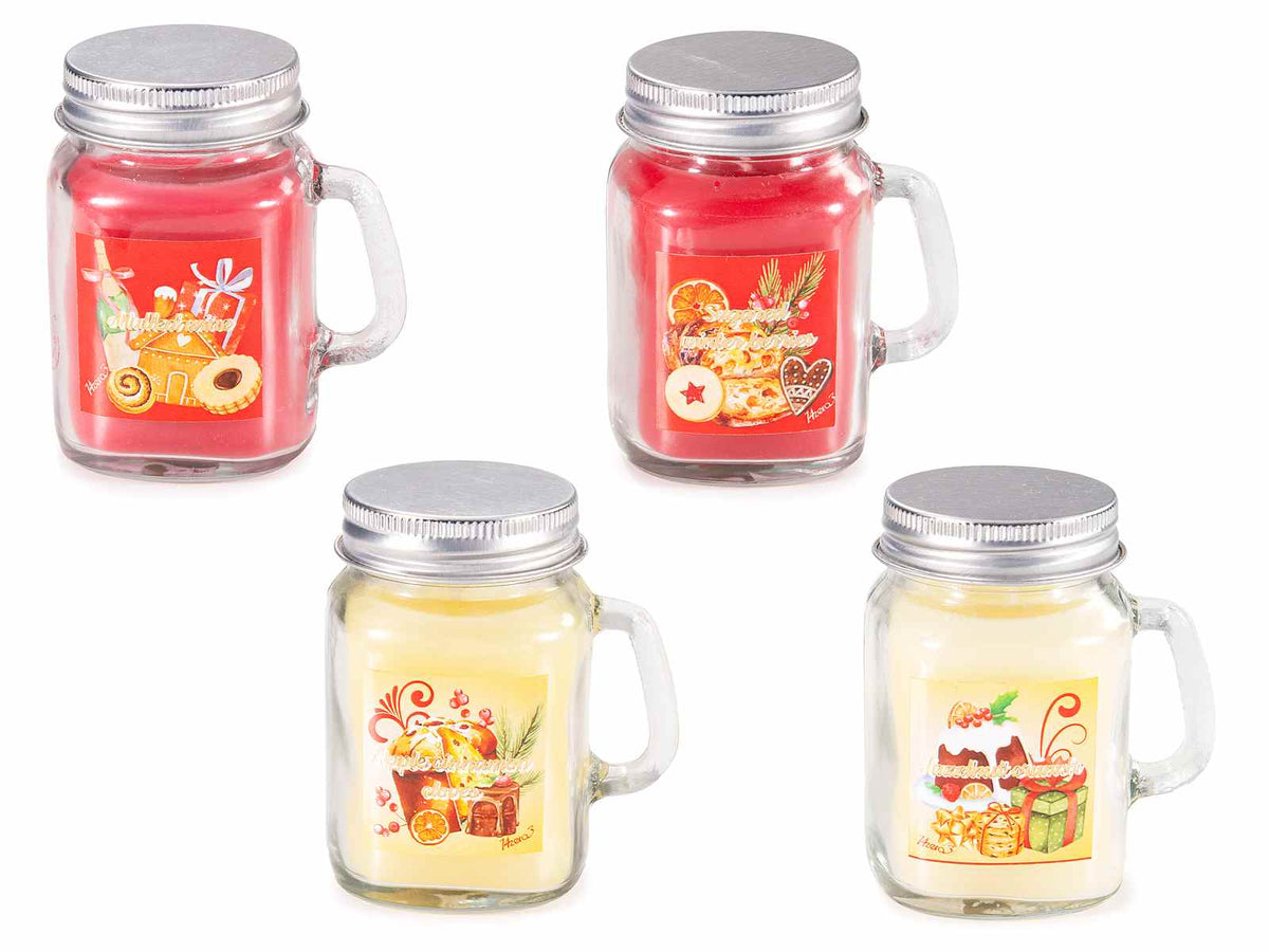 Candele profumate con decori dolcetti di Natale a forma di barattolo / caraffa, set da 8 pezzi, cm 7,5 x 5,5 x 8,5 H