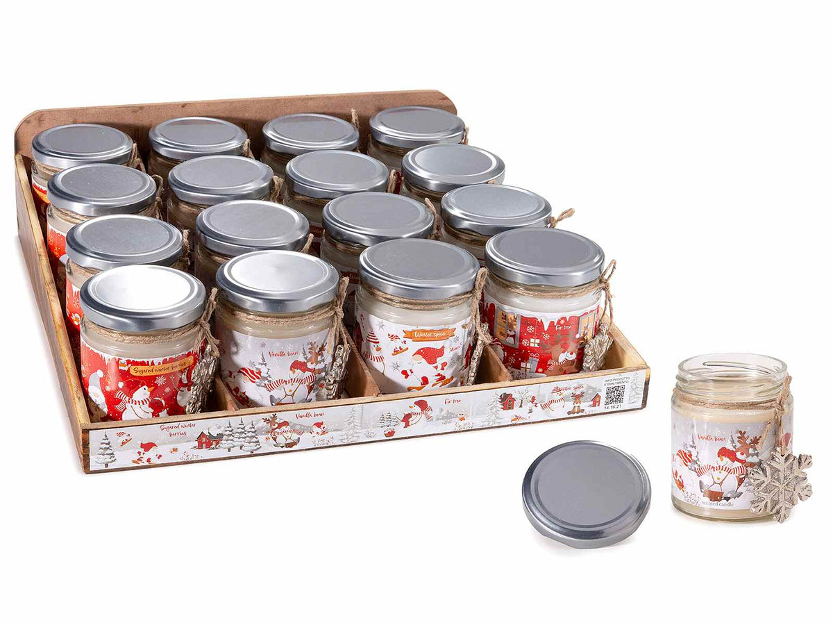 Candele profumate natalizie in vasetto di vetro con pendente a fiocco di neve, set da 16 pezzi, Candela: Ø 6,5 cm x 8 H