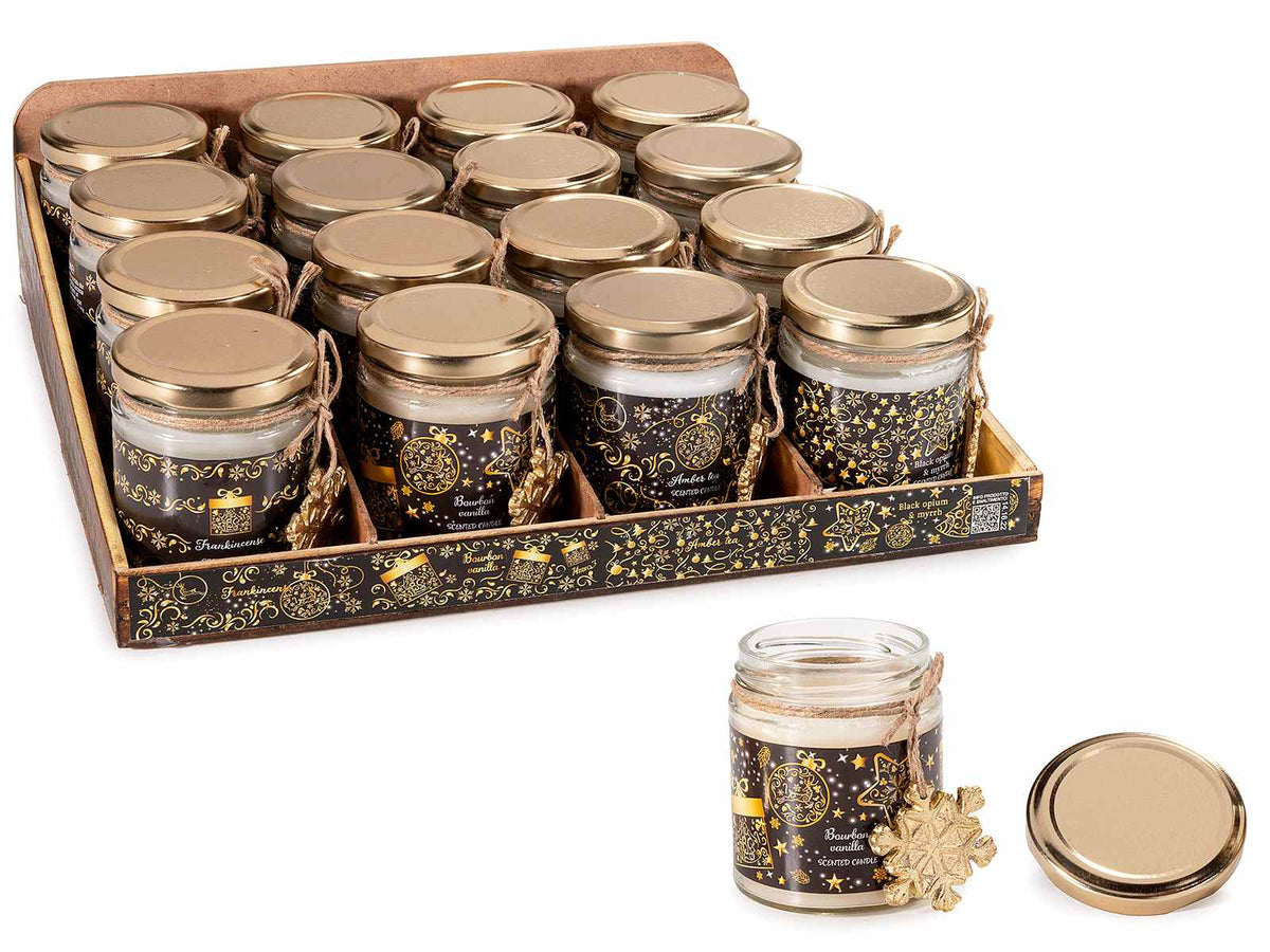 Candele di Natale profumate in vasetto di vetro con decori natalizi, set da 16 pezzi, Candela: Ø 6,5 cm x 8 H
