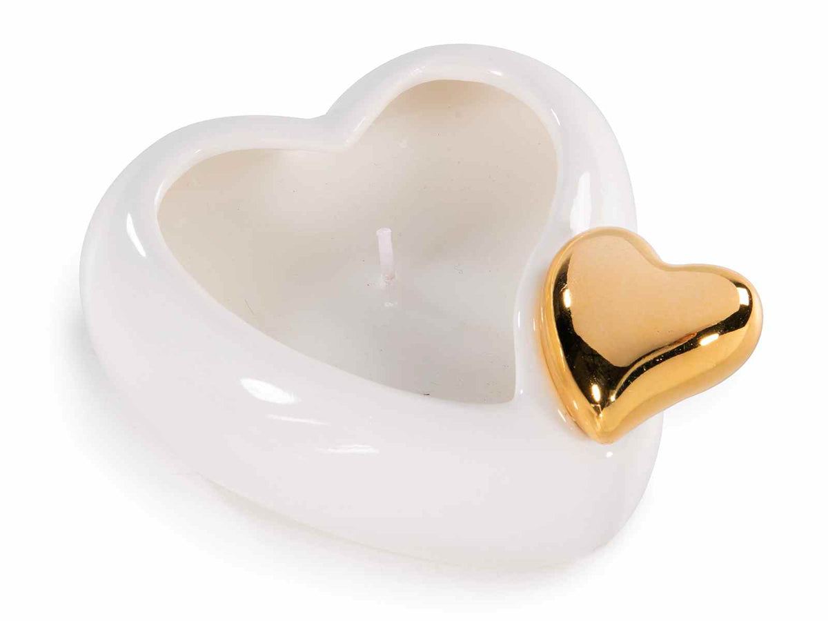 Candele profumate in vasetto di ceramica a forma di cuore con cuoricino dorato, set da 6 pezzi, cm 10 x 10,5 x 5,5 H