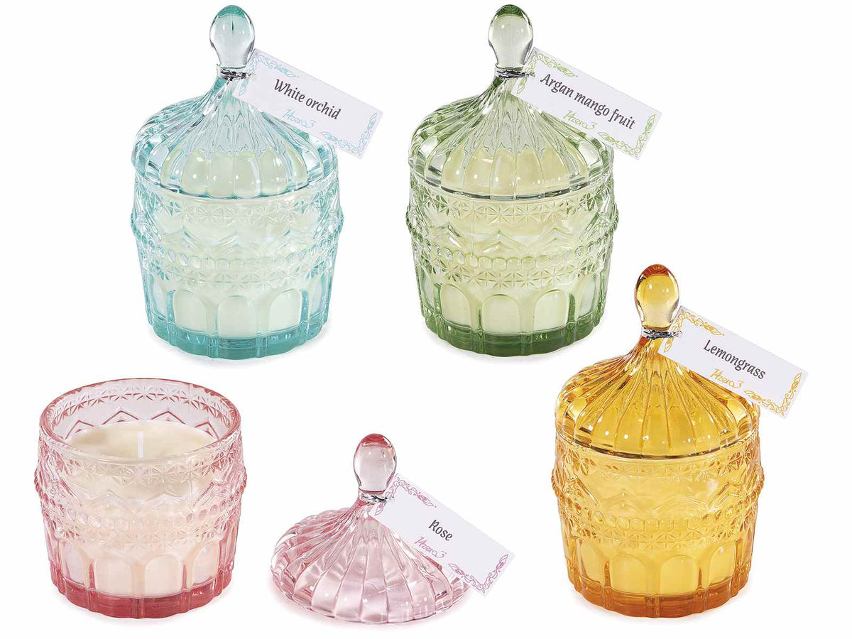 Candele profumata in barattolo di vetro colorato e decorato con coperchio e tag, set da 4 pezzi, Ø 8,5 x 13 H