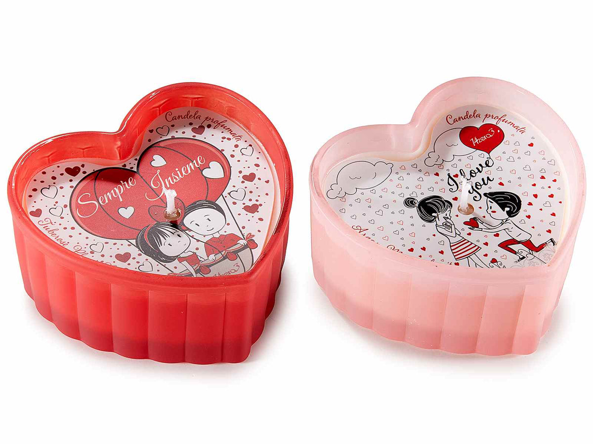 Candele profumate in vasetto a forma di cuore in vetro, con disegno innamorati, set da 4 pezzi, cm 9,5 x 8,5 x 4,5 H