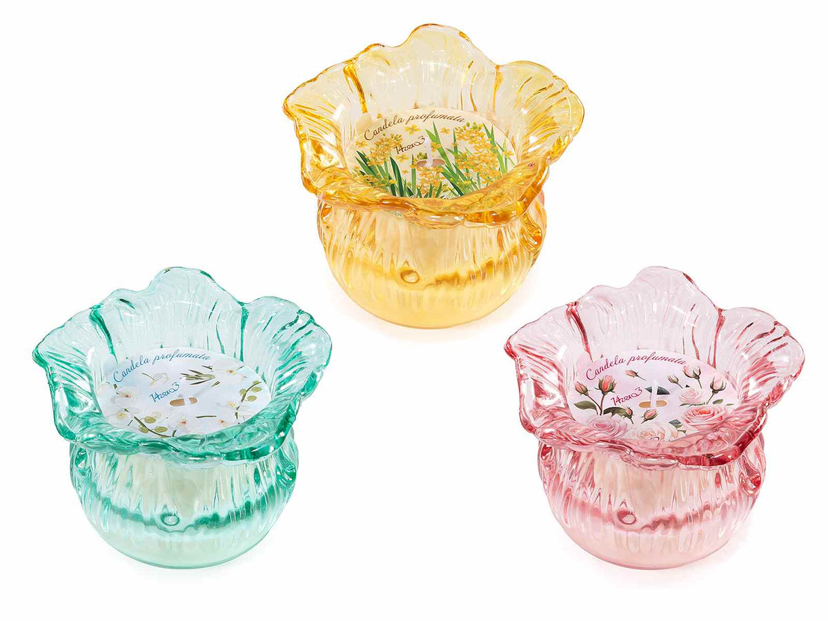 Candele profumate in vasetto di vetro a forma di fiore colorato, set da 3 pezzi, Ø 10 cm x 7,5 H