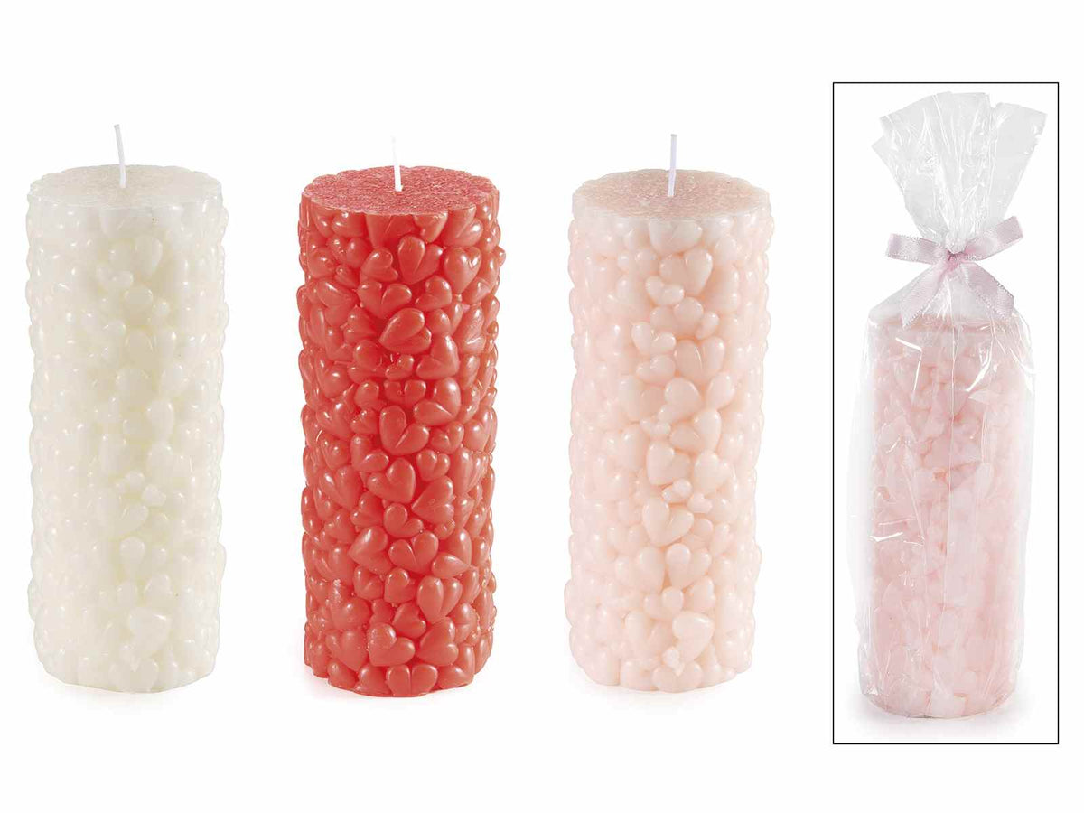 Candele colorate con superficie a cuori in rilievo in confezione singola, set da 3 pezzi, Ø 7 cm x 17 H